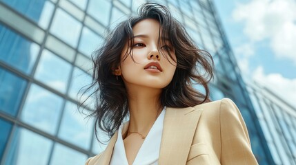 Confident Business Woman in a Modern Cityscape with Glass Skyscrapers