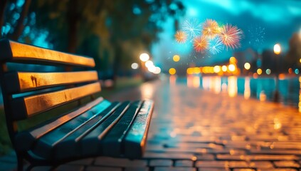 Beautiful fireworks over city with blurry night background and water reflections