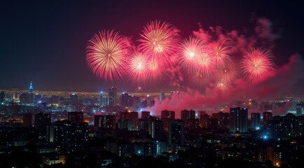 Vibrant red fireworks lighting up a night city skyline during new year celebrations