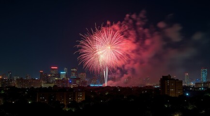 Vibrant red fireworks lighting up a night city skyline during new year celebrations