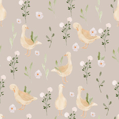 Watercolor seamless pattern with cute geese and wildflowers. Hand-drawn kids pattern with white goose.