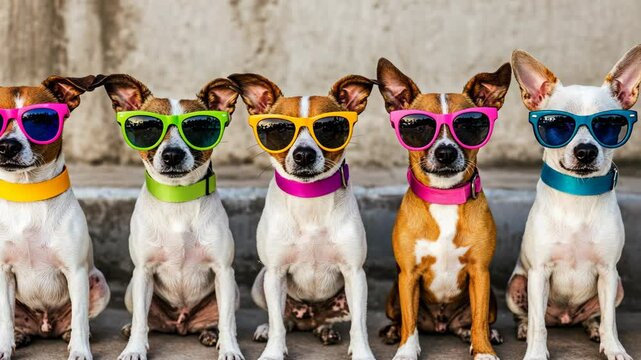 A row of five small dogs, each wearing brightly colored sunglasses and a collar, sit calmly on a pavement
