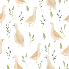 Watercolor seamless pattern with cute geese and wildflowers. Hand-drawn kids pattern with white goose.