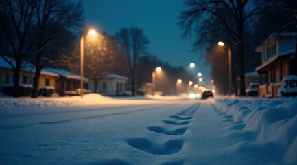 Obraz premium A serene winter evening street scene shows fresh snow with footprints illuminated by streetlights and distant car headlights
