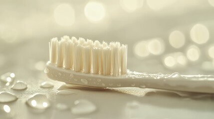 Fresh Morning Routine: Close-Up of a Wet Toothbrush with Water Droplets