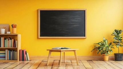 Classroom Interior with Blackboard and Bookshelf