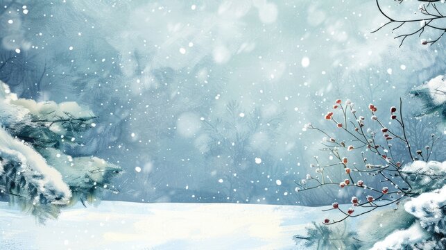 watercolor illustration, vintage postcard, World Snow Day, winter landscape, snow-covered coniferous forest, fir branch, blue background, copy space, free space for text - Powered by Adobe