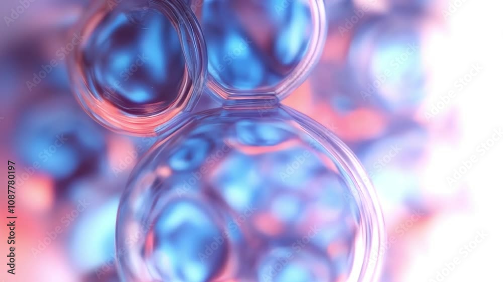 Poster animation of transparent glass spheres with colorful play of light in cool blues and warm oranges. d