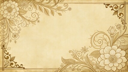 Elegant Victorian paper style background in sepia tones with ornate frame and blank center space in 16:9 horizontal format