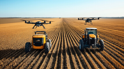 Obraz premium Wide farmland with yellow tractors and drones in a field, showcasing modern agricultural technology under a clear blue sky.