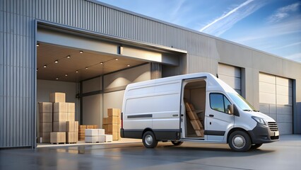 Delivery van near warehouse, logistics and transportation concept  
