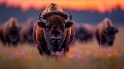 A powerful bison stands prominently in a vibrant meadow filled with wildflowers, set against a stunning sunset backdrop, embodying the essence of the wild plains.
