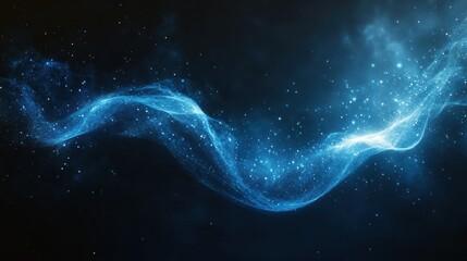 Abstract blue glowing wave with sparkling particles on dark background.