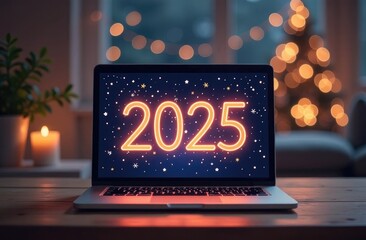 2025 on laptop monitor screen, festive New Year background. Bokeh, Christmas tree, blurred background, fireworks.
