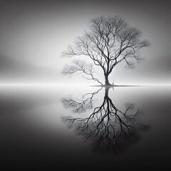 A black and white photograph of a lone tree silhouetted against a misty field.