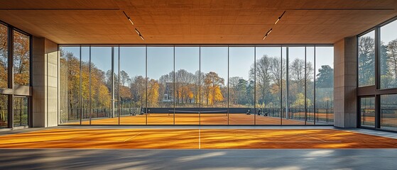 Indoor tennis court with large windows offering scenic autumnal views.