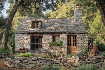 Self-sufficient cottage with antique stone walls, surrounded by ancient trees. © Infinity Lens
