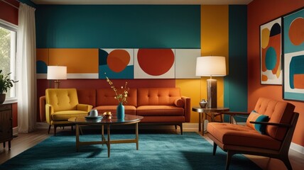Here's a possible  and keyword list for your stock photo.. Mid-century modern living room with teal, orange, and yellow accents.