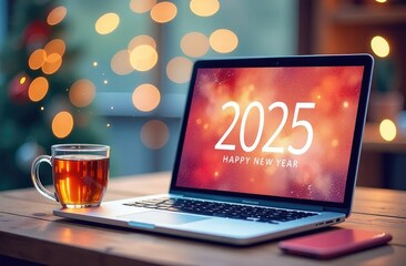 2025 on laptop monitor screen, festive New Year background. Bokeh, Christmas tree, blurred background, fireworks.