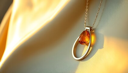 Sleek amber pendant necklace on golden fabric with soft light for elegant jewelry showcase