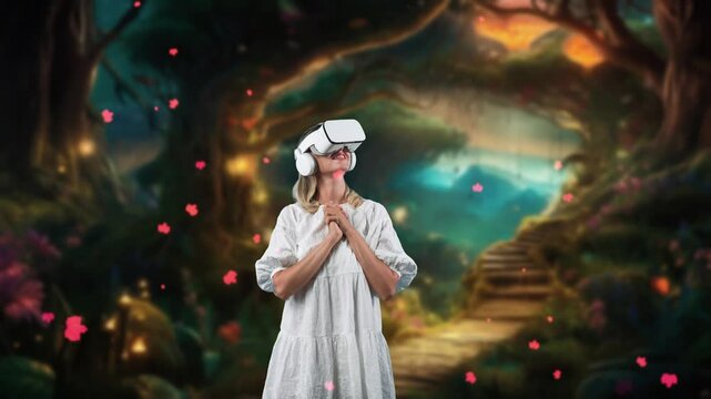 Impressive woman looking through VR in wonderland pink maple leaves falling metaverse in fairytale getting fresh air in meta magical world fantasy in jungle natural imaginary creativity. Contraption.