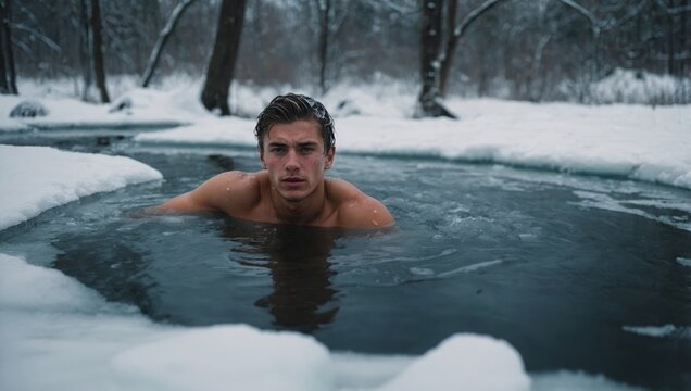 swimming in an ice hole in winter