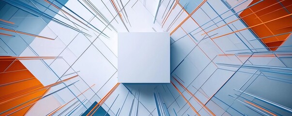 Futuristic white background with blue and orange lines and shapes