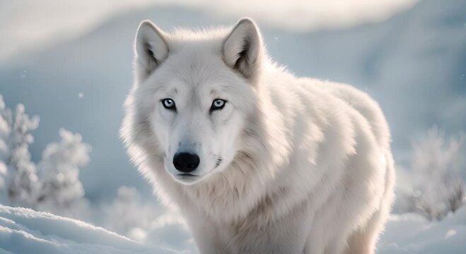 Arctic wolf gazes across a pure white snowy landscape its fur blending seamlessly into the icy backdrop creating a serene winter wonderland scene Video made using 4K