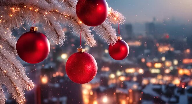 Big City Christmas Red Christmas ornaments hanging on a tree branch with glowing lights on city bac