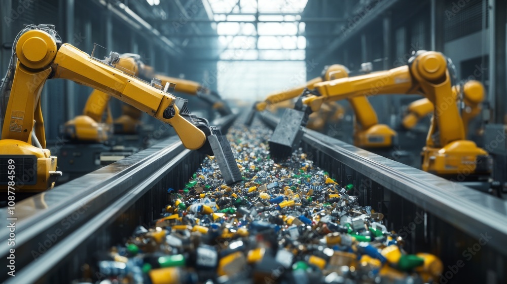 Poster automated robotic arms are sorting recyclable materials on a conveyor belt in a modern facility, sho