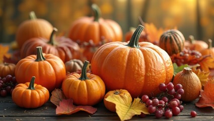 A variety of pumpkins in different shapes and sizes are arranged on a wooden table surrounded by colorful autumn leaves and small clusters of grapes, creating a warm harvest atmosphere