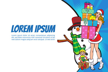 (Multiplmerry christmas santa snowman reindeer elf Christmas woman in red dress in pop art comic stylee values)