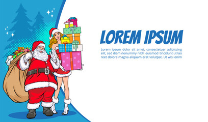 Fototapeta premium (Multiplmerry christmas santa snowman reindeer elf Christmas woman in red dress in pop art comic stylee values)