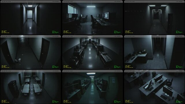Surveillance footage of empty office corridors and workspaces at night. Nine security cameras document the haunting stillness of computer stations and hallways when everybody left.
