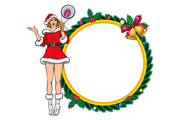 (Multiplmerry christmas santa snowman reindeer elf Christmas woman in red dress in pop art comic stylee values)