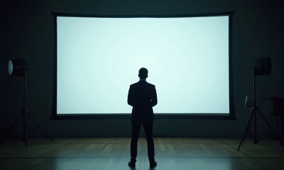 Obraz premium Man stands in front of large screen that is completely black. The man is dressed in suit and tie and he is waiting for something