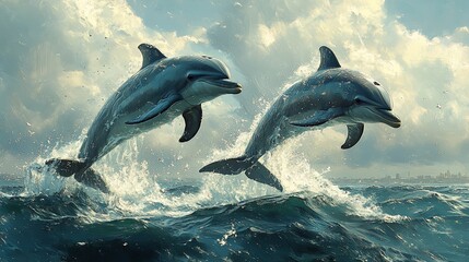 Fototapeta premium Two dolphins leaping out of the ocean, creating splashes against a cloudy sky.