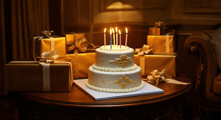 Fototapeta premium Luxurious white and gold cake with candles and gifts for birthday or wedding celebration