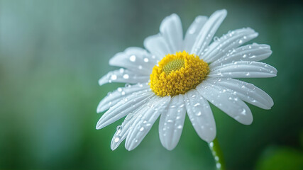 Fototapeta premium Close-up View of a Daisy Flower With White Petals and Dew Drops in a Garden Setting