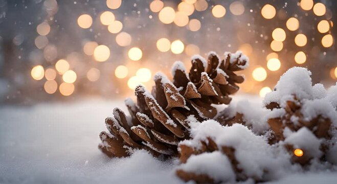 Christmas Scene Close up of frosted pinecone among snow blank covered pine branches with warm glowing holiday lights softly illuminating creating a cozy atmosphere Video made using 4K