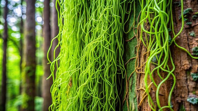 A vast network of slimy green tendrils spreads across a tree trunk, biofilm, tendrils, saprophytes