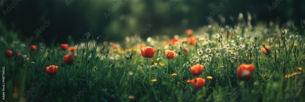 Poster a vibrant display of colorful flowers fills a lush green meadow, creating a cheerful atmosphere unde