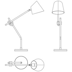 Desk lamp or table lamp vector. Front, Side, and Top Views for Coloring or Design