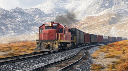 Fototapeta premium Freight Train Journey Through Snowy Mountains