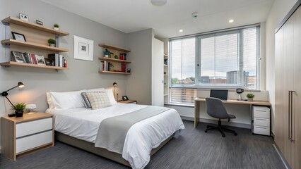  Modern university dorm room interior, contemporary student living concept  
