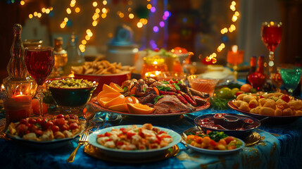 Fototapeta premium Romantic dinner table with candles and desserts