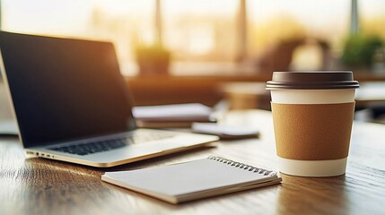 A cozy workspace featuring a laptop, coffee cup, and notepad in warm lighting.