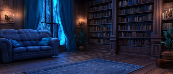 Cozy library with blue lighting and wooden shelves