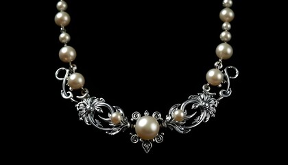 Elegant pearl necklace with intricate silver design beautifully displayed on black background