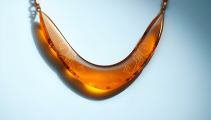 Amber necklace with engraved design on a light blue background